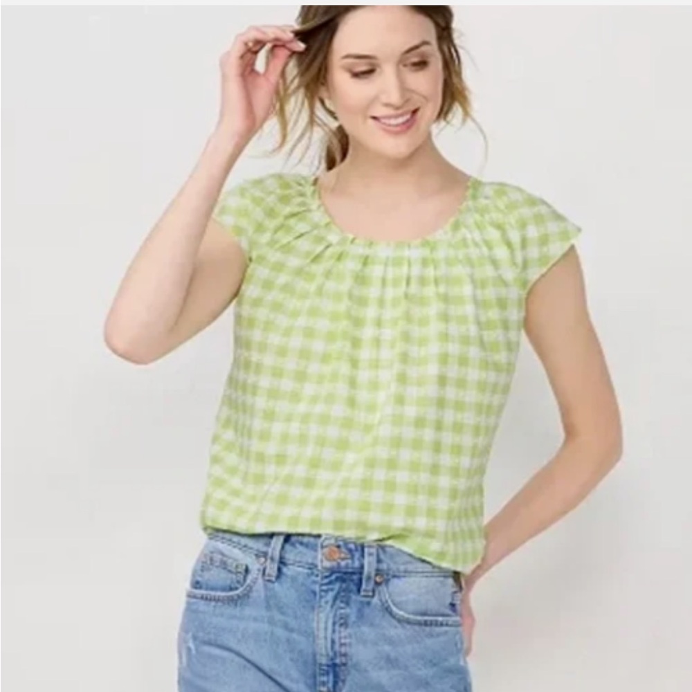 Lauren Conrad Green Gingham Blouse with Bow on the back, size small